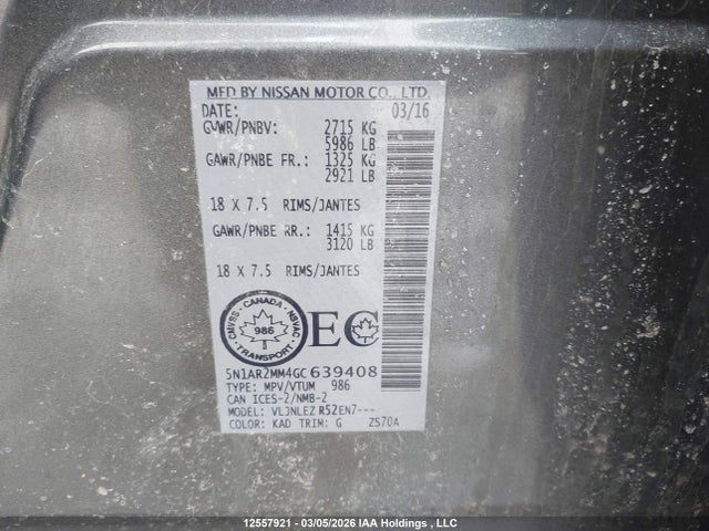 5N1AR2MM4GC639408 Nissan Pathfinder S/sv/sl/platinum