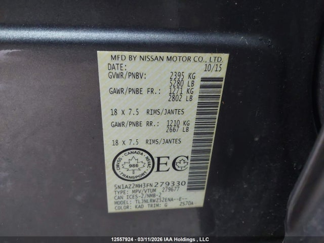 5N1AZ2MH3FN279330 Nissan Murano S/sl/sv/platinum