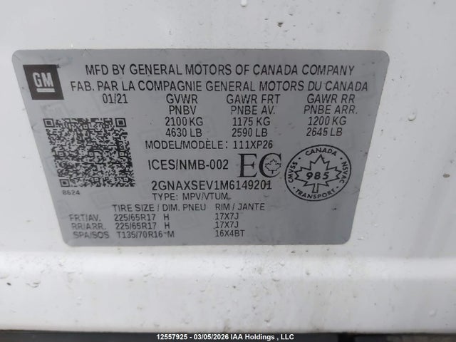 Aukcja sprzedaży 2021 Chevrolet Equinox Ls, vin: 2GNAXSEV1M6149201, numer aukcji: 12557925