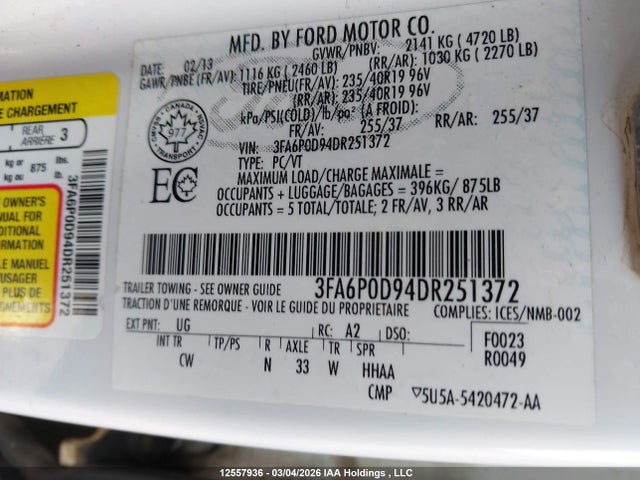 12557936 :رقم المزاد ، 3FA6P0D94DR251372 vin ، 2013 Ford Fusion مزاد بيع