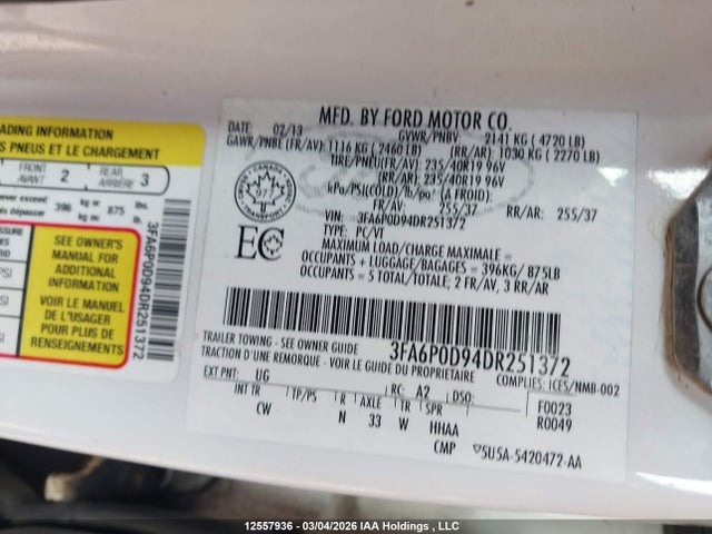 12557936 :رقم المزاد ، 3FA6P0D94DR251372 vin ، 2013 Ford Fusion مزاد بيع