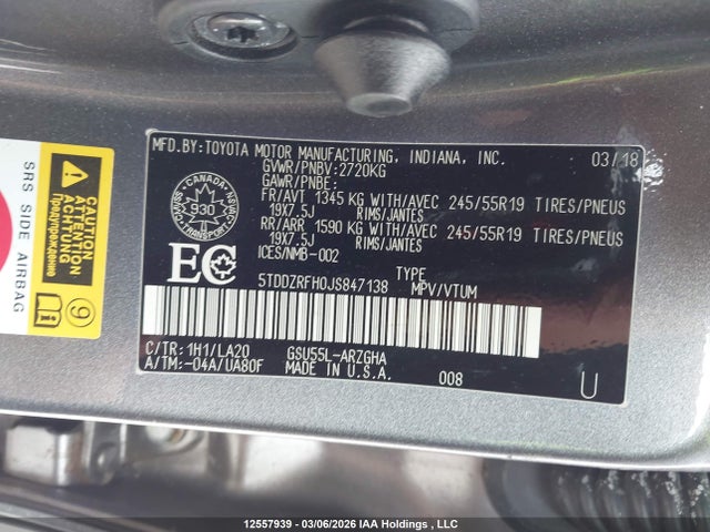 Aukcja sprzedaży 2018 Toyota Highlander Limited/ltd Platinum, vin: 5TDDZRFH0JS847138, numer aukcji: 12557939