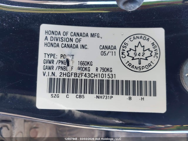 Продаж на аукціоні авто 2012 Honda Civic Lx, vin: 2HGFB2F43CH101531, номер лоту: 12557945