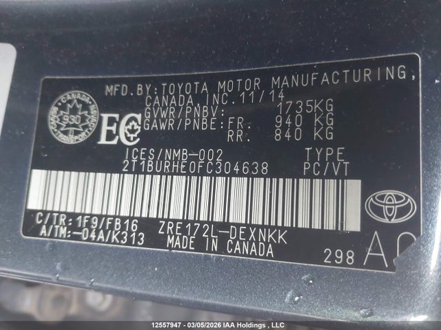 2015 Toyota Corolla L/le/le Pls/prm/s/s Pls მანქანა იყიდება აუქციონზე, vin: 2T1BURHE0FC304638, აუქციონის ნომერი: 12557947