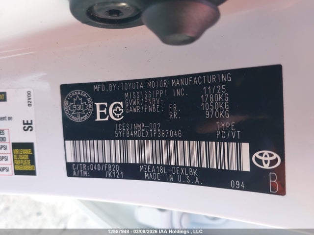 Aukcja sprzedaży 2026 Toyota Corolla Le Cvt, vin: 5YFB4MDEXTP387046, numer aukcji: 12557948