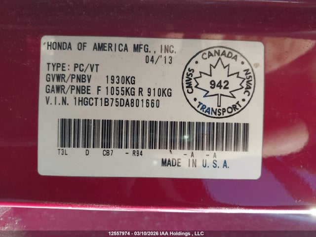 Aukcja sprzedaży 2013 Honda Accord Cpe, vin: 1HGCT1B75DA801660, numer aukcji: 12557974