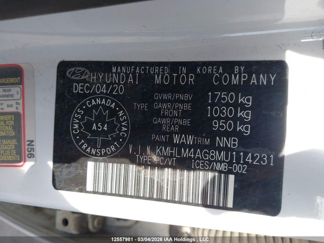 KMHLM4AG8MU114231 Hyundai Elantra Preferred Ivt