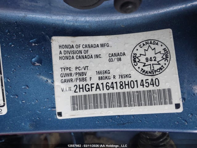 Aukcja sprzedaży 2008 Honda Civic Dx-g, vin: 2HGFA16418H014540, numer aukcji: 12557982