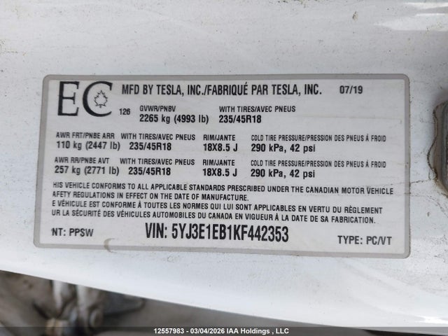 Aukcja sprzedaży 2019 Tesla Model 3 Long Range/performance, vin: 5YJ3E1EB1KF442353, numer aukcji: 12557983