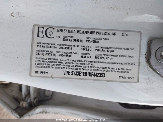 Aukcja sprzedaży 2019 Tesla Model 3 Long Range/performance, vin: 5YJ3E1EB1KF442353, numer aukcji: 12557983
