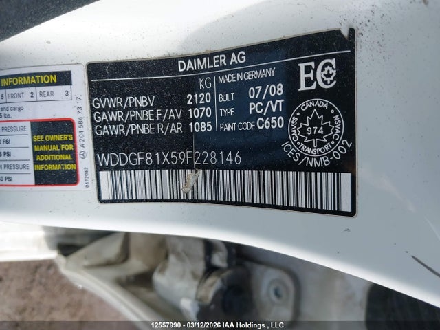 12557990 :رقم المزاد ، WDDGF81X59F228146 vin ، 2009 Mercedes-benz C 300 4matic مزاد بيع