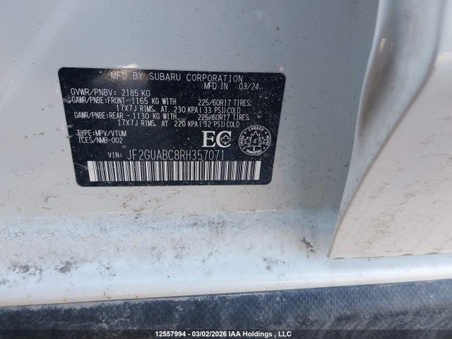 2024 Subaru Crosstrek მანქანა იყიდება აუქციონზე, vin: JF2GUABC8RH357071, აუქციონის ნომერი: 12557994
