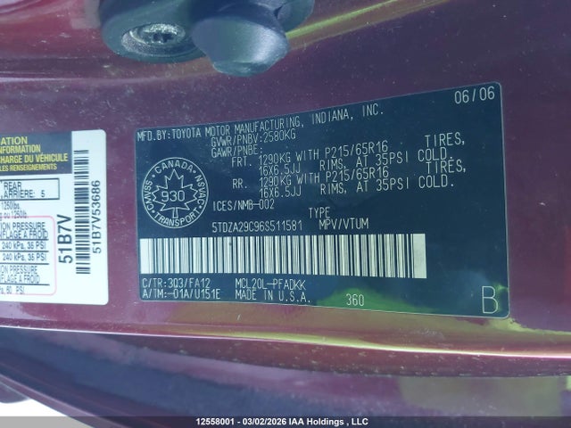 2006 Toyota Sienna Ce მანქანა იყიდება აუქციონზე, vin: 5TDZA29C96S511581, აუქციონის ნომერი: 12558001