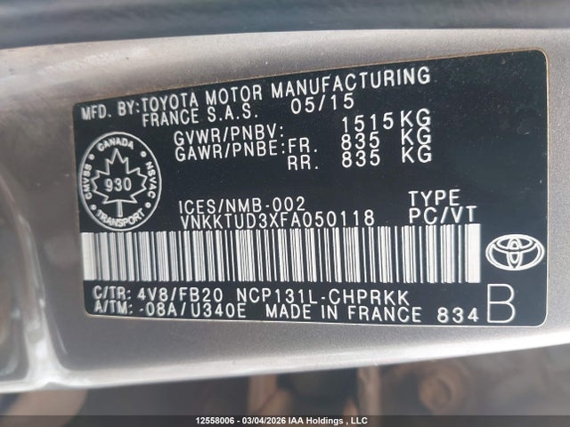 Aukcja sprzedaży 2015 Toyota Yaris, vin: VNKKTUD3XFA050118, numer aukcji: 12558006