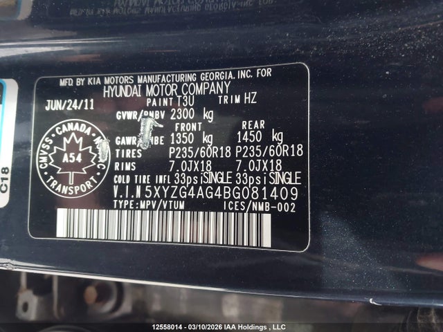 Продажа на аукционе авто 2011 Hyundai Santa Fe Gls, vin: 5XYZG4AG4BG081409, номер лота: 12558014