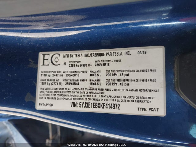 Aukcja sprzedaży 2019 Tesla Model 3 Long Range/performance, vin: 5YJ3E1EBXKF414972, numer aukcji: 12558018