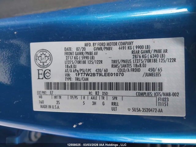 Продаж на аукціоні авто 2020 Ford F250 Super Duty, vin: 1FT7W2BT9LEE01070, номер лоту: 12558025