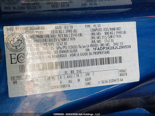 1FADP3K2XJL290539 Ford FOCUS SE