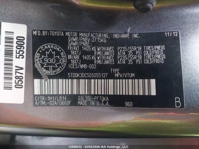 Продажа на аукционе авто 2013 Toyota Sienna Xle/limited, vin: 5TDDK3DC5DS055127, номер лота: 12558032