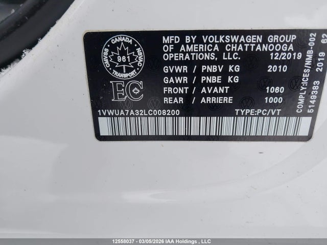 2020 Volkswagen Passat Highline მანქანა იყიდება აუქციონზე, vin: 1VWUA7A32LC008200, აუქციონის ნომერი: 12558037