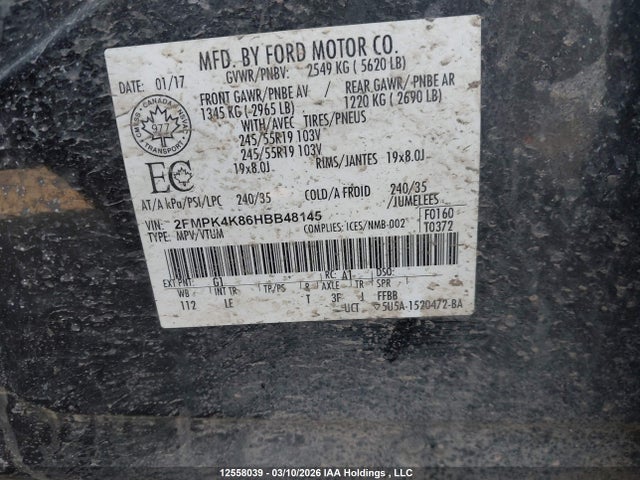 2017 Ford Edge Titanium მანქანა იყიდება აუქციონზე, vin: 2FMPK4K86HBB48145, აუქციონის ნომერი: 12558039