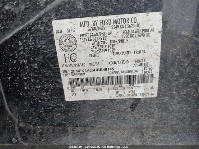 2017 Ford Edge Titanium მანქანა იყიდება აუქციონზე, vin: 2FMPK4K86HBB48145, აუქციონის ნომერი: 12558039