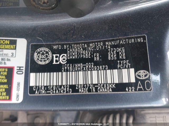 Aukcja sprzedaży 2014 Toyota Corolla L/le/le Pls/prm/s/s Pls, vin: 2T1BURHEXEC093673, numer aukcji: 12558071