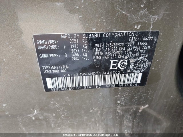 4S4WMAHD7N3444702 Subaru Ascent Onyx