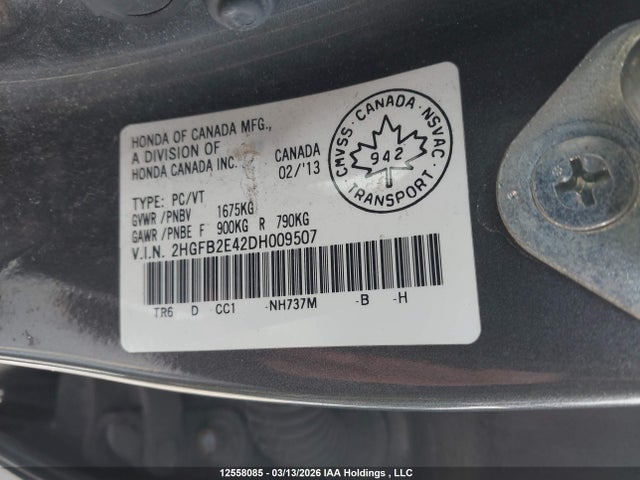 Продаж на аукціоні авто 2013 Honda Civic, vin: 2HGFB2E42DH009507, номер лоту: 12558085