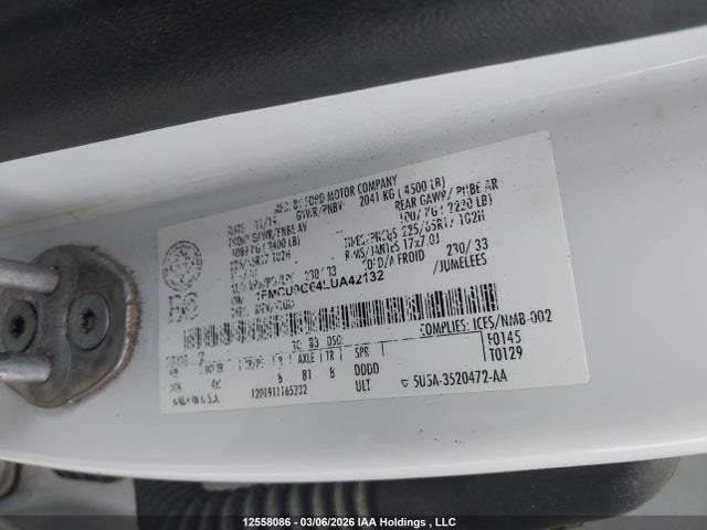 12558086 :رقم المزاد ، 1FMCU9G64LUA42132 vin ، 2020 Ford Escape Se مزاد بيع