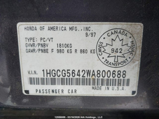 1998 Honda Accord Lx მანქანა იყიდება აუქციონზე, vin: 1HGCG5642WA800688, აუქციონის ნომერი: 12558089