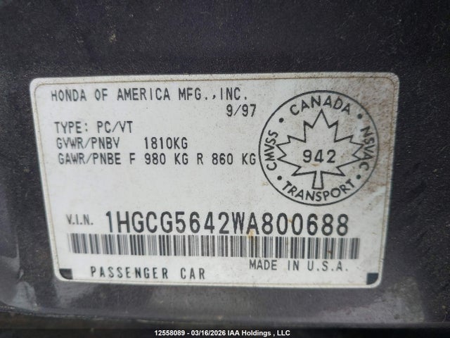 1998 Honda Accord Lx მანქანა იყიდება აუქციონზე, vin: 1HGCG5642WA800688, აუქციონის ნომერი: 12558089