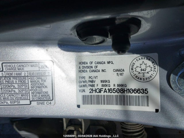 Продажа на аукционе авто 2008 Honda Civic Lx, vin: 2HGFA16508H106635, номер лота: 12558091