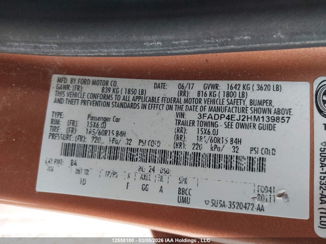 2017 Ford Fiesta მანქანა იყიდება აუქციონზე, vin: 3FADP4EJ2HM139857, აუქციონის ნომერი: 12558100