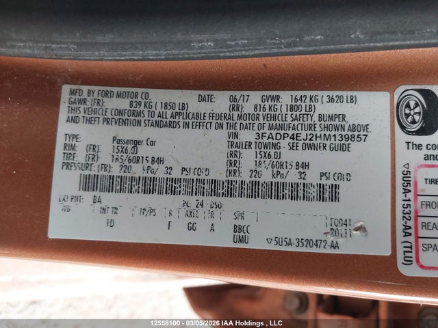 2017 Ford Fiesta მანქანა იყიდება აუქციონზე, vin: 3FADP4EJ2HM139857, აუქციონის ნომერი: 12558100