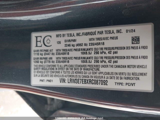 Aukcja sprzedaży 2024 Tesla Model 3 Long Range, vin: LRW3E7EBXRC087092, numer aukcji: 12558102