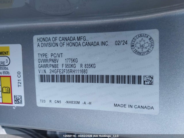Aukcja sprzedaży 2024 Honda Civic Ex, vin: 2HGFE2F35RH111680, numer aukcji: 12558116