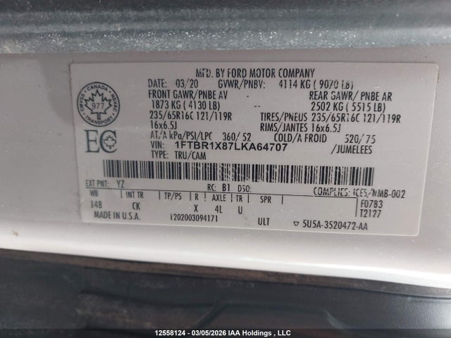 12558124 :رقم المزاد ، 1FTBR1X87LKA64707 vin ، 2020 Ford Transit مزاد بيع