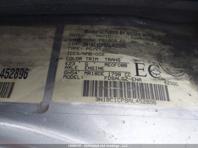 2010 Nissan Versa 1.8sl მანქანა იყიდება აუქციონზე, vin: 3N1BC1CP8AL452896, აუქციონის ნომერი: 12558127