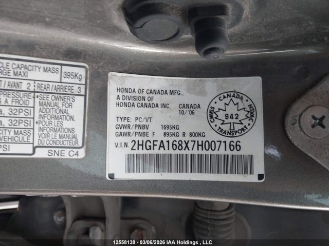 Aukcja sprzedaży 2007 Honda Civic Ex 4dr, vin: 2HGFA168X7H007166, numer aukcji: 12558138