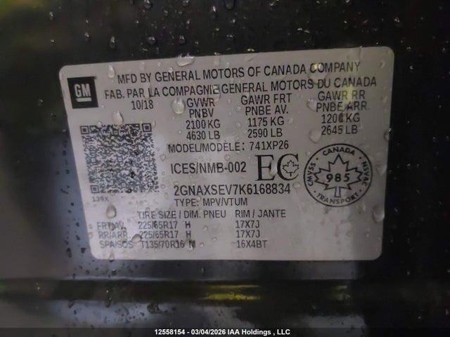 2019 Chevrolet Equinox Ls მანქანა იყიდება აუქციონზე, vin: 2GNAXSEV7K6168834, აუქციონის ნომერი: 12558154