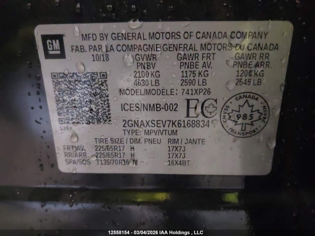 2019 Chevrolet Equinox Ls მანქანა იყიდება აუქციონზე, vin: 2GNAXSEV7K6168834, აუქციონის ნომერი: 12558154