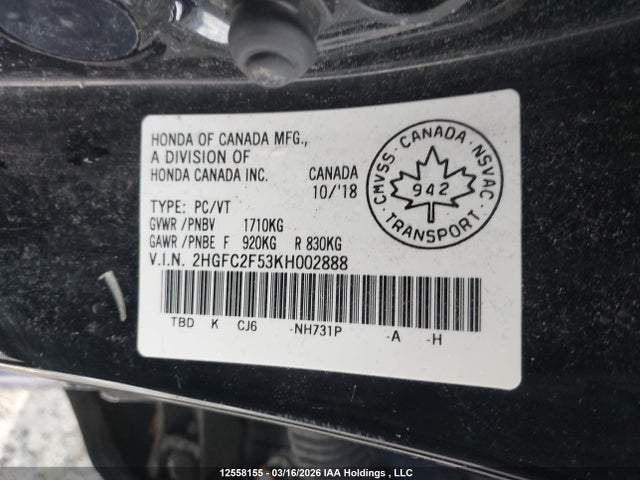 Продаж на аукціоні авто 2019 Honda Civic Lx, vin: 2HGFC2F53KH002888, номер лоту: 12558155