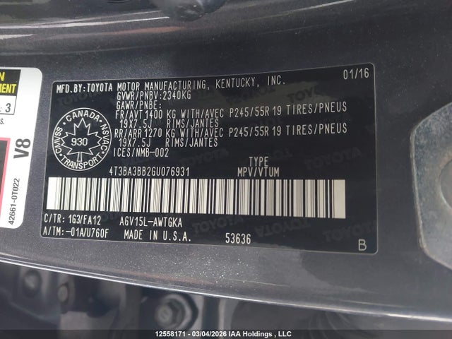 Aukcja sprzedaży 2016 Toyota Venza Base V6, vin: 4T3BA3BB2GU076931, numer aukcji: 12558171