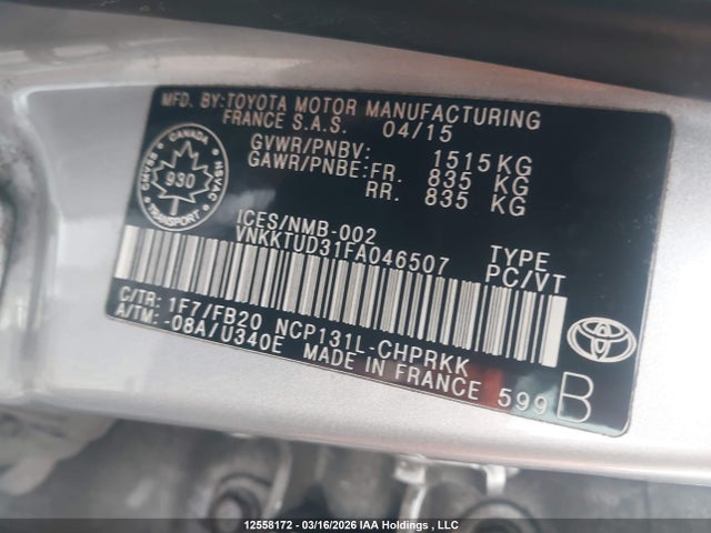12558172 :رقم المزاد ، VNKKTUD31FA046507 vin ، 2015 Toyota Yaris مزاد بيع