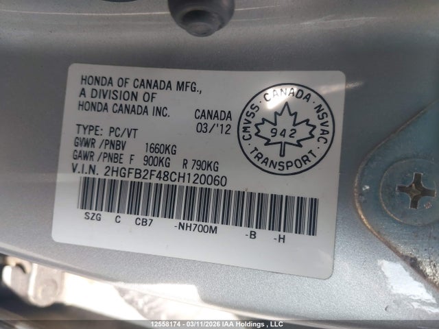 Aukcja sprzedaży 2012 Honda Civic Lx, vin: 2HGFB2F48CH120060, numer aukcji: 12558174