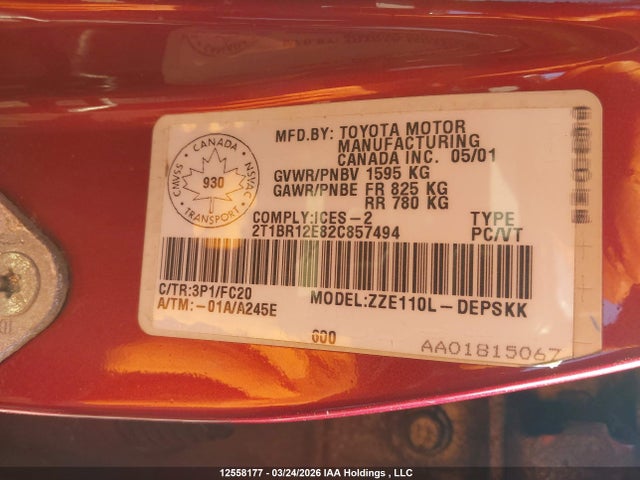 Aukcja sprzedaży 2002 Toyota Corolla Ce/le/sport, vin: 2T1BR12E82C857494, numer aukcji: 12558177