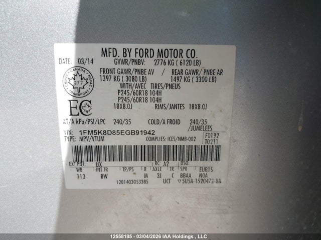 12558185 :رقم المزاد ، 1FM5K8D85EGB91942 vin ، 2014 Ford Explorer Xlt مزاد بيع