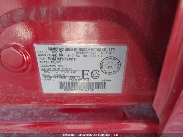 12558186 :رقم المزاد ، 3N1CE2CP9FL449131 vin ، 2015 Nissan Versa Note S/s Plus/sv/sl/sr مزاد بيع