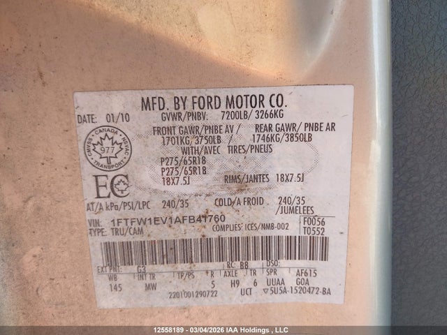 2010 Ford F-150 მანქანა იყიდება აუქციონზე, vin: 1FTFW1EV1AFB41760, აუქციონის ნომერი: 12558189